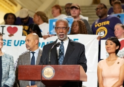 Junio 17, 2019 – Senator Haywood attends a rally  to call for a $15 minimum wage in Pennsylvania. Teresa Miller, Secretary of the state Department of Human Services,  focused on how a wage increase would specifically help home care workers who care for the sick and aging.