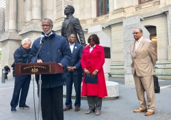 October 25, 2018: Sen. Art Haywood  joined fellow Democratic Leaders outside of City Hall on the SW Corner in front of the Octavius V. Catto statue for an emergency news conference calling for peace following the bomb threats were made on the lives of former Presidents Obama and Clinton, as well as former Vice President Joe Biden, Rep. Maxine Waters, and news outlet CNN and others.