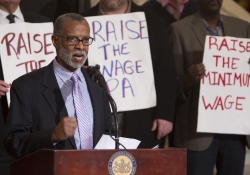 February 10, 2016: Sen. Haywood speaks at a rally to raise the mimimum wage at the State Capitol.